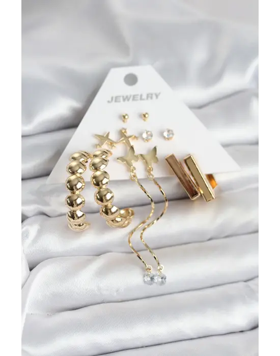 Bombeli Halka Gold Renk Pirinç 6 Çift Kadın Küpe Seti Kelebekli