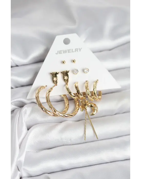Gold Renk Pirinç 6lı Kadın Küpe Seti Uzun Ay ve Yıldızlı