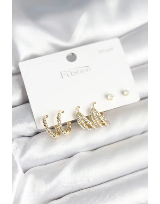 Gold Renk Pirinç 925 Ayar Gümüş Çivili Kadın Küpe Seti