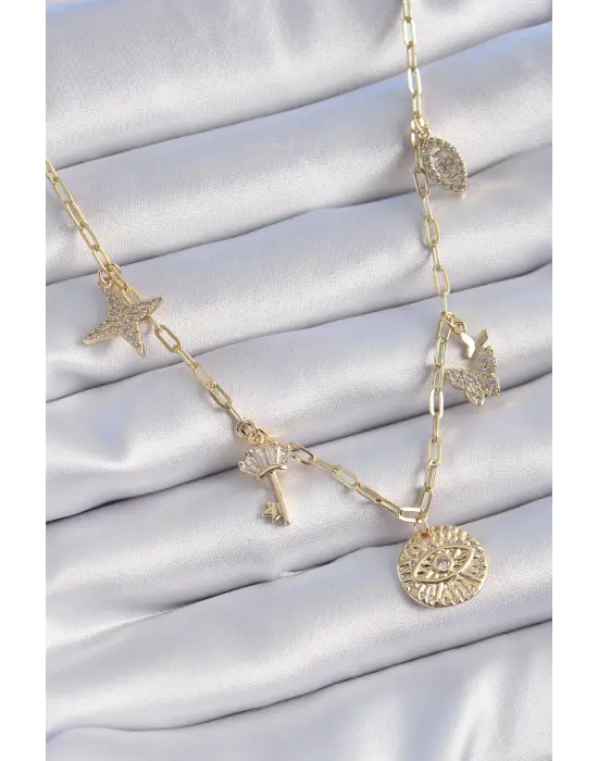 Altın  Pirinç Altın  Zirkon Taş Detay Çoklu Figür Şans Çelik Kolyesi