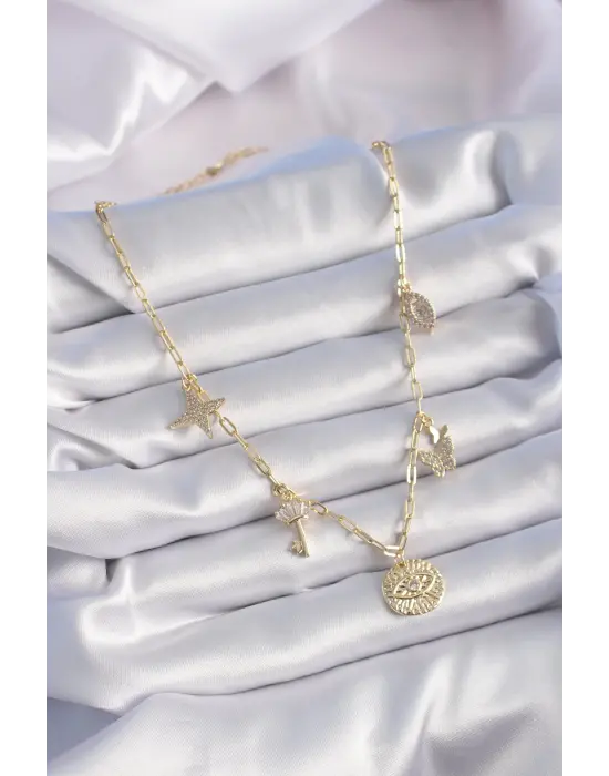 Altın  Pirinç Altın  Zirkon Taş Detay Çoklu Figür Şans Çelik Kolyesi