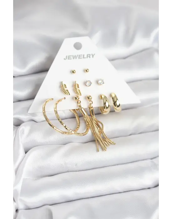 Ekin Figürlü Gold Renk Pirinç Kadın 6 Çift Küpe Seti