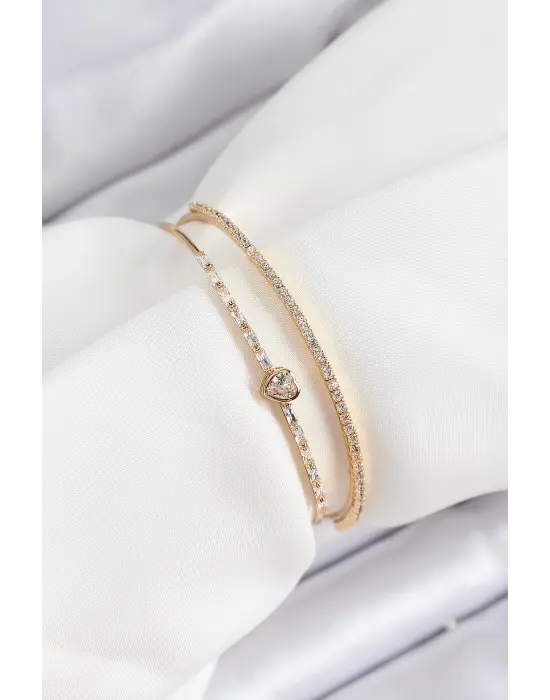 Gold Renk Pirinç Kalp Detaylı 2li Kadın Bileklik