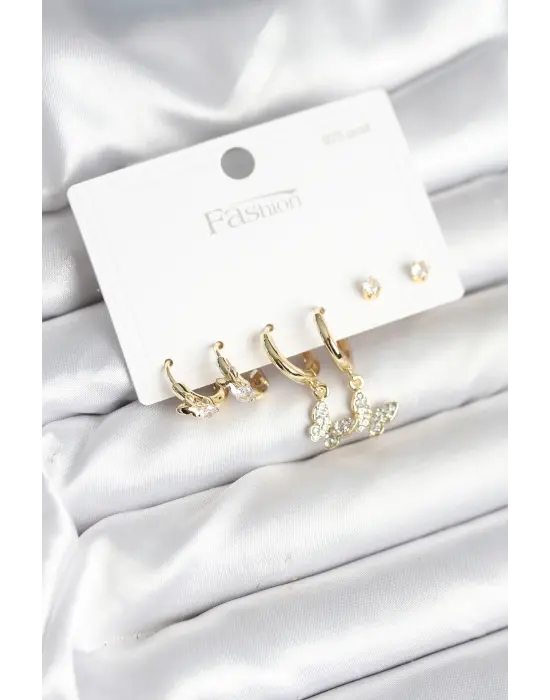 Gold Renk Pirinç Kelebek Model 925 Ayar Gümüş Çivili Kadın Küpe Seti