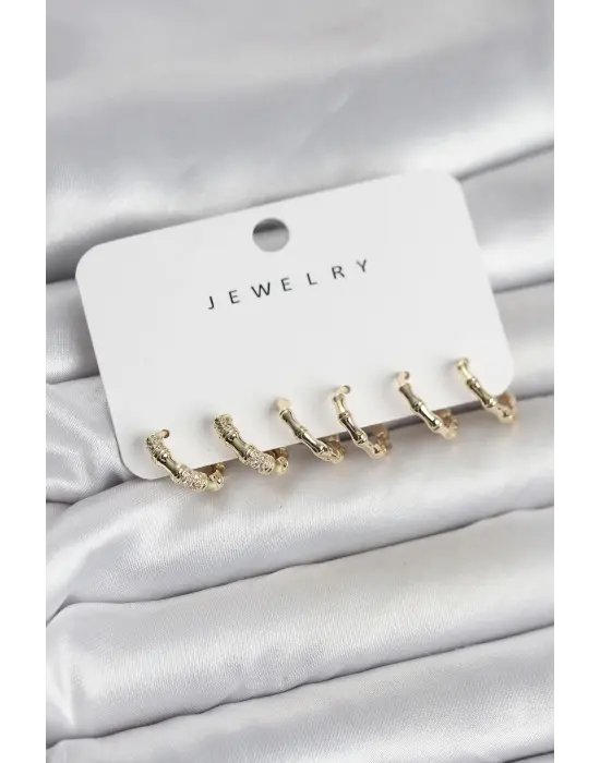 Gold Renk Pirinç Kemik Model 3 Çift Kadın Küpe Seti