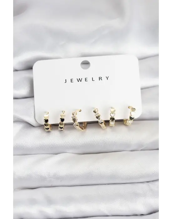 Gold Renk Pirinç Minimal Kalp Detaylı Kadın Halka Küpe Seti