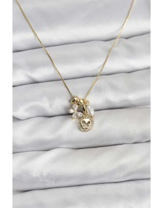 Gold Renk Çelik Minimal Kelebek Charmlı Kadın Kolye