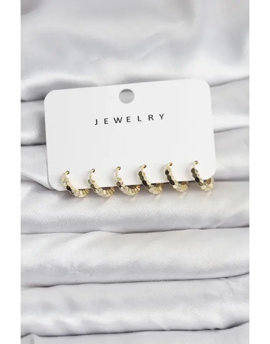 Gold Renk Pirinç Minimal Petek Detaylı Kadın Küpe Seti