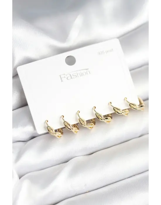 Gold Renk Pirinç Sarmal Model 925 Ayar Gümüş Çivili Kadın Küpe Seti