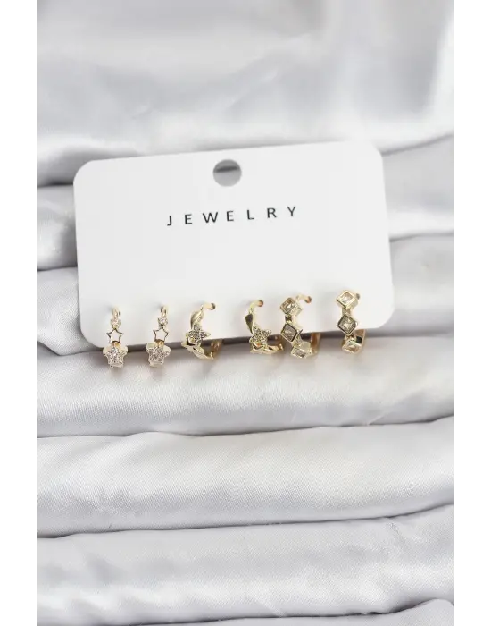 Gold Renk Pirinç Yıldız Modelli Halka Kadın Küpe Seti