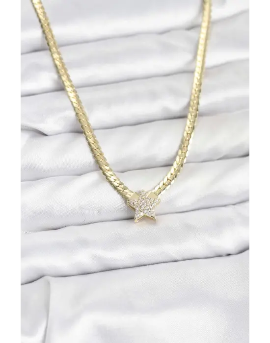 Gold Renk Çelik Yıldız Zirkon Taşlı Kadın Kolye