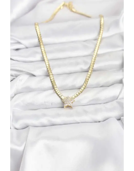 Gold Renk Çelik Yıldız Zirkon Taşlı Kadın Kolye