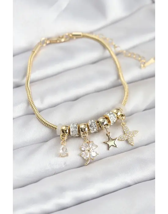 Gold Renk Çelik Yonca Charmlı Kadın Bileklik