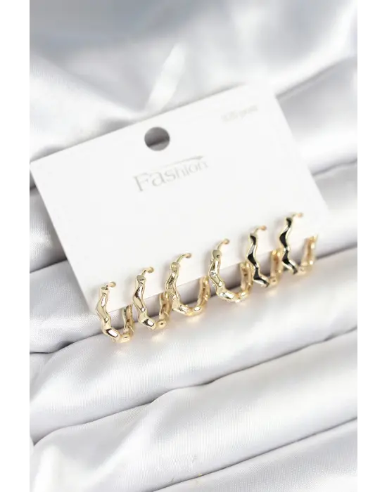 Gold Renk Pirinç Zikzak Model 925 Ayar Gümüş Çivili Kadın Küpe Seti