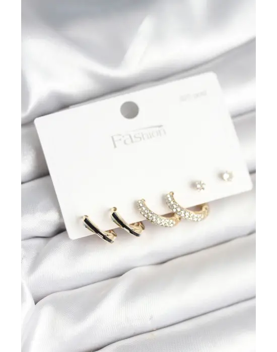 Gold Renk Pirinç Zirkon Taşlı 925 Ayar Gümüş Çivili Kadın Küpe Seti