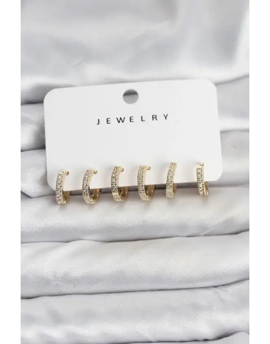 Gold Renk Pirinç Zirkon Taşlı Halka Kadın Küpe Seti