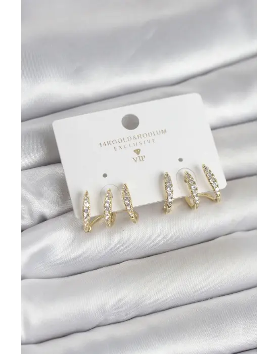 Gold Renk Pirinç Zirkon Taşlı Kadın Küpe