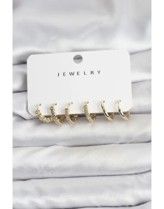 Gold Renk Pirinç Zirkon Taşlı Kadın Küpe Seti