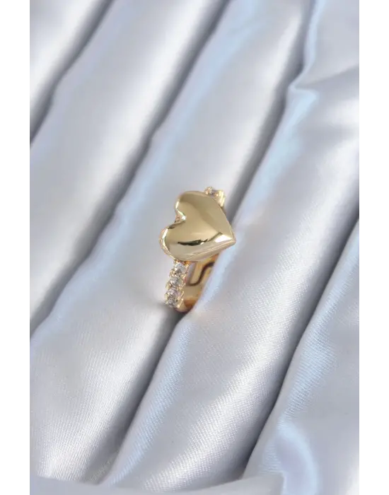 Altın  Zirkon Taşlı Kalp Model Çelik Yüzük