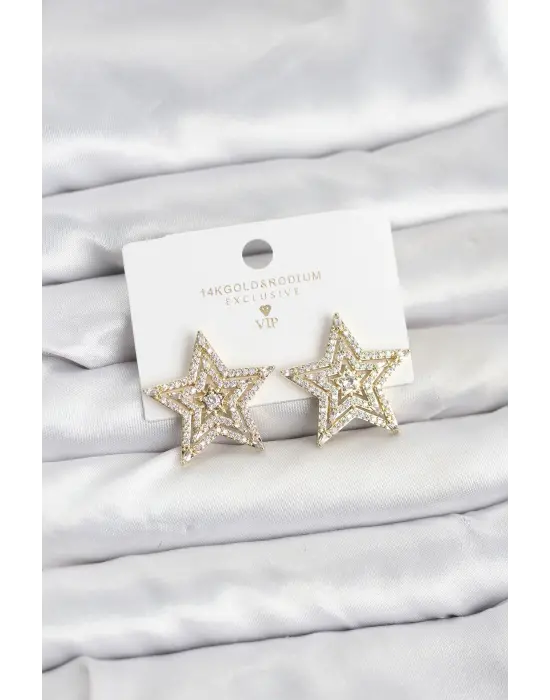 Gold Renk Pirinç Zirkon Taşlı Yıldız Model Kadın Küpe