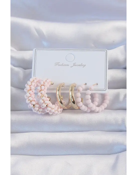 Altın Pudra Boncuklu Halka Küpe Seti