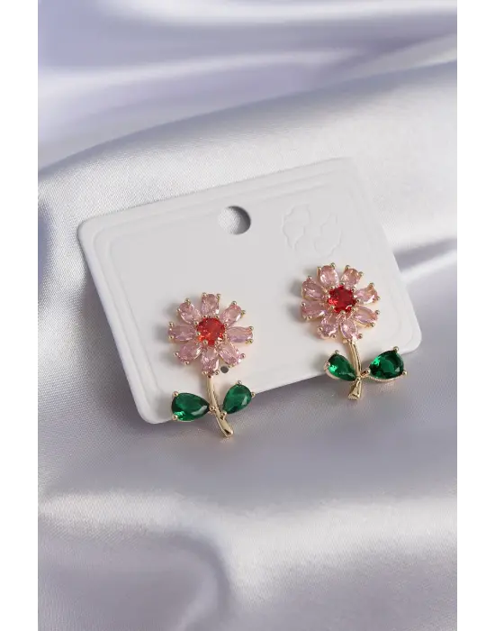 Altın Renkli Zirkon Taşlı Çiçek Model  Çelik Küpe