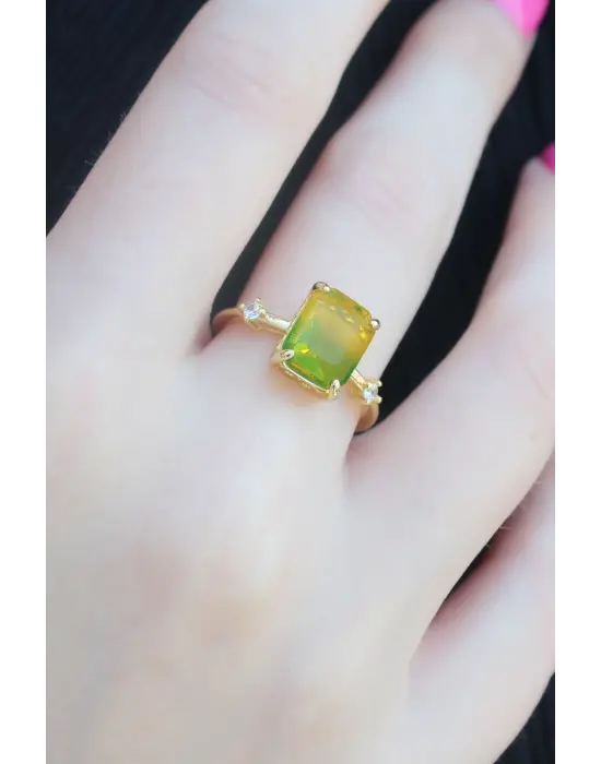 Gold Renk Renkli Zirkon Taşlı Pirinç Kadın Yüzük