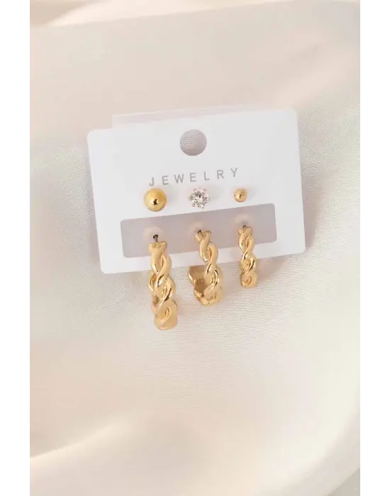 Gold Renk Sarmal Halka Zirkon Taş Detay Kadın Küpe Seti