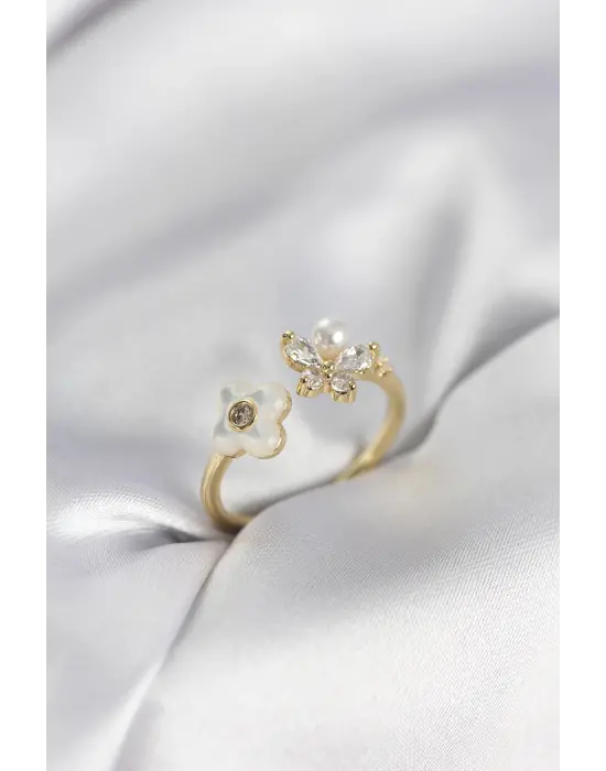 Gold Renk Sedefli Çiçek Model Kadın Yüzük