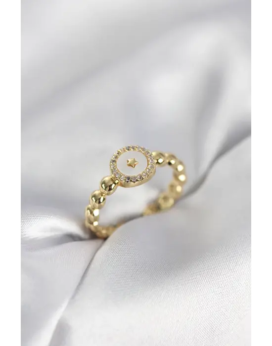 Gold Renk Sedefli Yıldız Model Zirkon Taşlı Kadın Yüzük