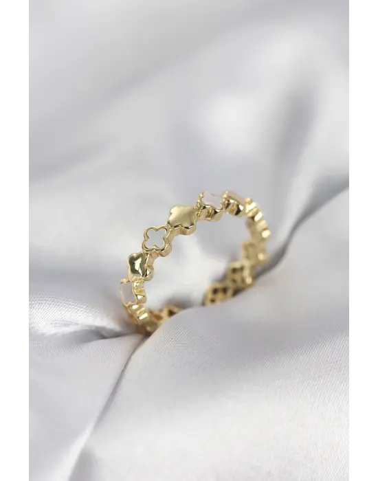 Gold Renk Sedefli Yonca Model Kadın Yüzük