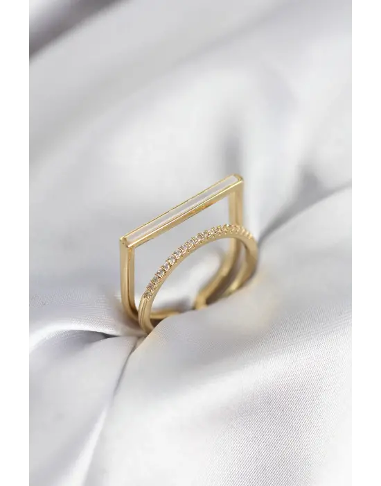 Gold Renk Sedefli Zirkon Taşlı 2li Kadın Yüzük