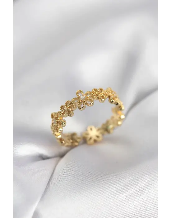 Gold Renk Sıralı Çiçek Model Zirkon Taşlı Kadın Yüzük