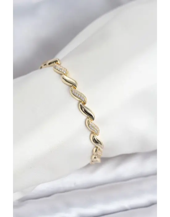 Gold Renk Sıralı Damla Model Zirkon Taşlı Çelik Kadın Bileklik