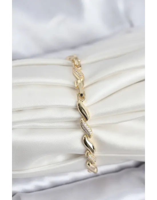 Gold Renk Sıralı Damla Model Zirkon Taşlı Çelik Kadın Bileklik