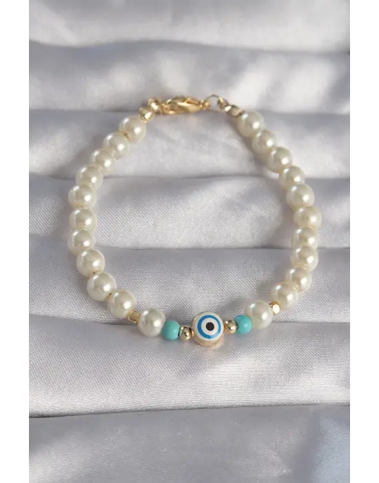 Gold Renk Sıralı İnci Boncuklu Model Nazar Figürlü Bileklik