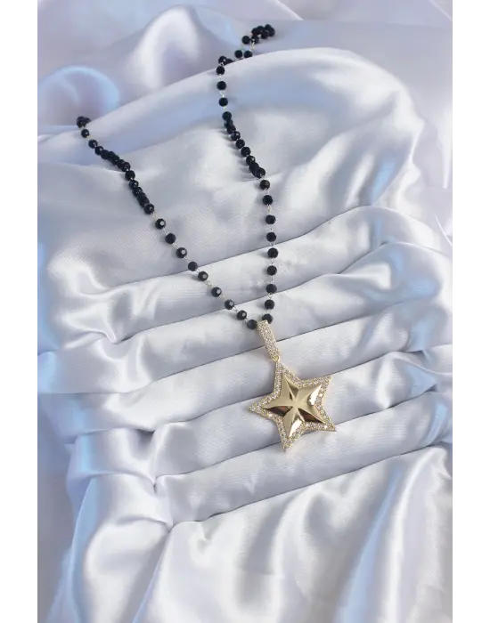 Altın  Siyah Boncuk Zirkon Taşlı Yıldız Model VİP Seri  Çelik Kolye