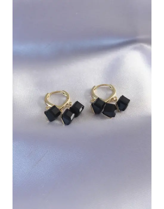 Gold Renk Siyah Kare Model Sallantı Kadın Küpe