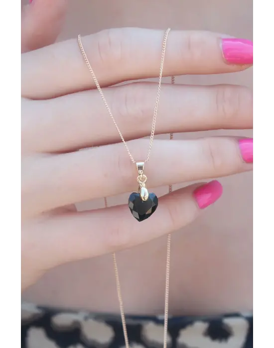 Gold Renk Siyah Kristal Taşlı Kadın Kolye