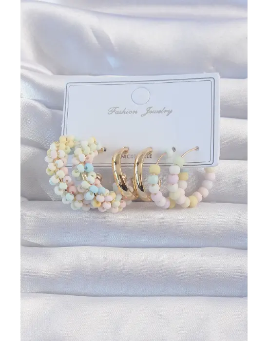 Altın Soft Renkli Boncuklu Halka Küpe Seti