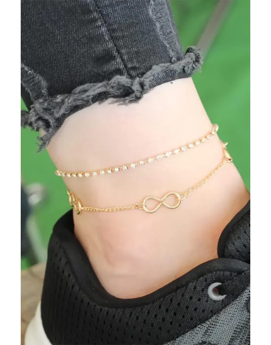 Gold Renk Sonsuzluk Figürlü Zirkon Sıra Taşlı Halhal