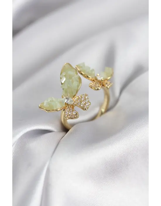 Gold Renk Su Yeşili Kelebek Model Zirkon Taşlı Kadın Yüzük