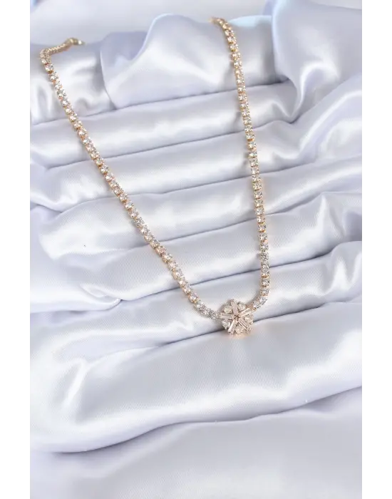 Altın  Su Yolu Zirkon Taş Model Kar Tanesi Figür  Çelik Kolye