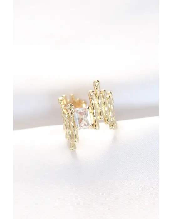 Altın Tırtıklı Kalın Baget Taş Tasarım Ayarlanabilir Yüzük