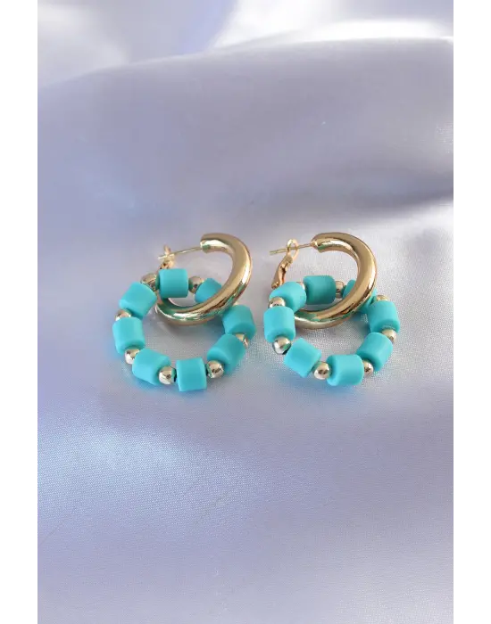 Gold Renk Turkuaz Boncuk Halka Model Kadın Küpe