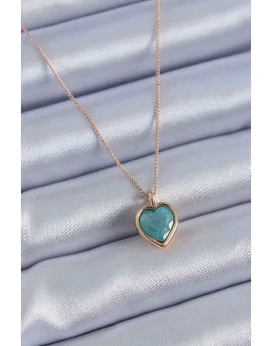 Gold Renk Turkuaz Renk Simli Kalp Model Kadın kolye