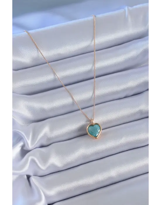 Gold Renk Turkuaz Renk Simli Kalp Model Kadın kolye