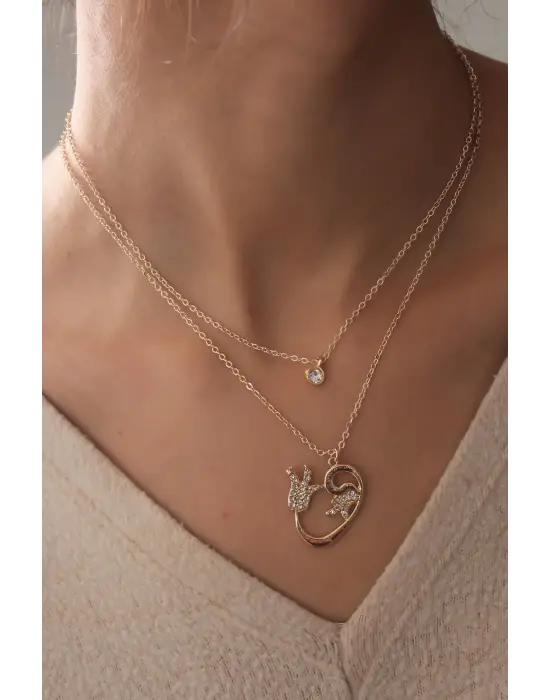 Gold Renk Vav Lale Figür Zirkon Taşlı Kadın Kolye