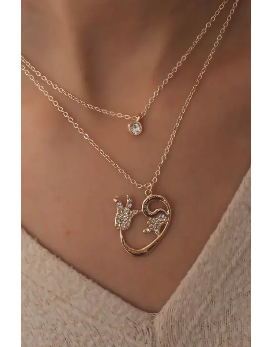 Gold Renk Vav Lale Figür Zirkon Taşlı Kadın Kolye