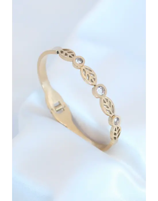 Gold Renk Yaparak Figür Zirkon Taş Detay Çelik Kadın Bileklik